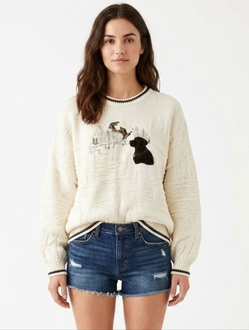 Vintage Embroidered Dog & Ducks Textured Chunky Crewneck Sweater In Ivory - XL